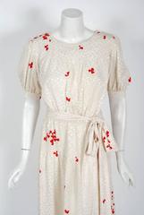 Vintage 1978 Yves Saint Laurent YSL Haute Couture Ivory Print Silk Dress & Shawl