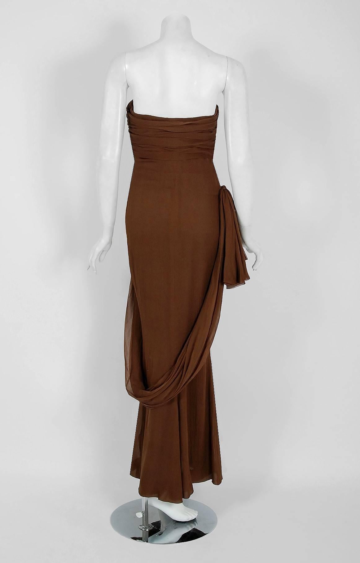 Women's 1987 Yves Saint Laurent Haute-Couture Mocha Brown Silk Strapless Sculpted Gown