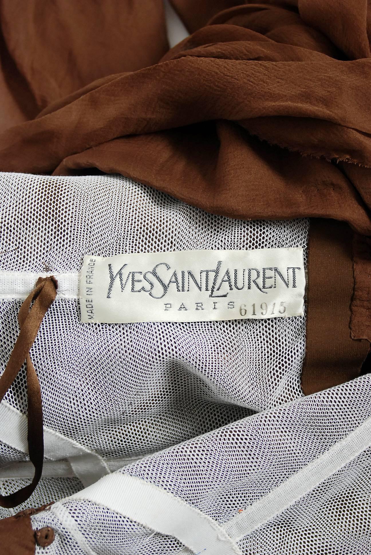 1987 Yves Saint Laurent Haute-Couture Mocha Brown Silk Strapless Sculpted Gown 1