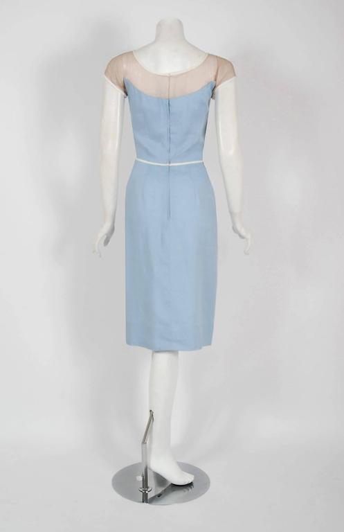 1950's Peggy Hunt Baby-Blue Linen Applique Illusion Hourglass Cocktail Dress For Sale at 1stdibs
