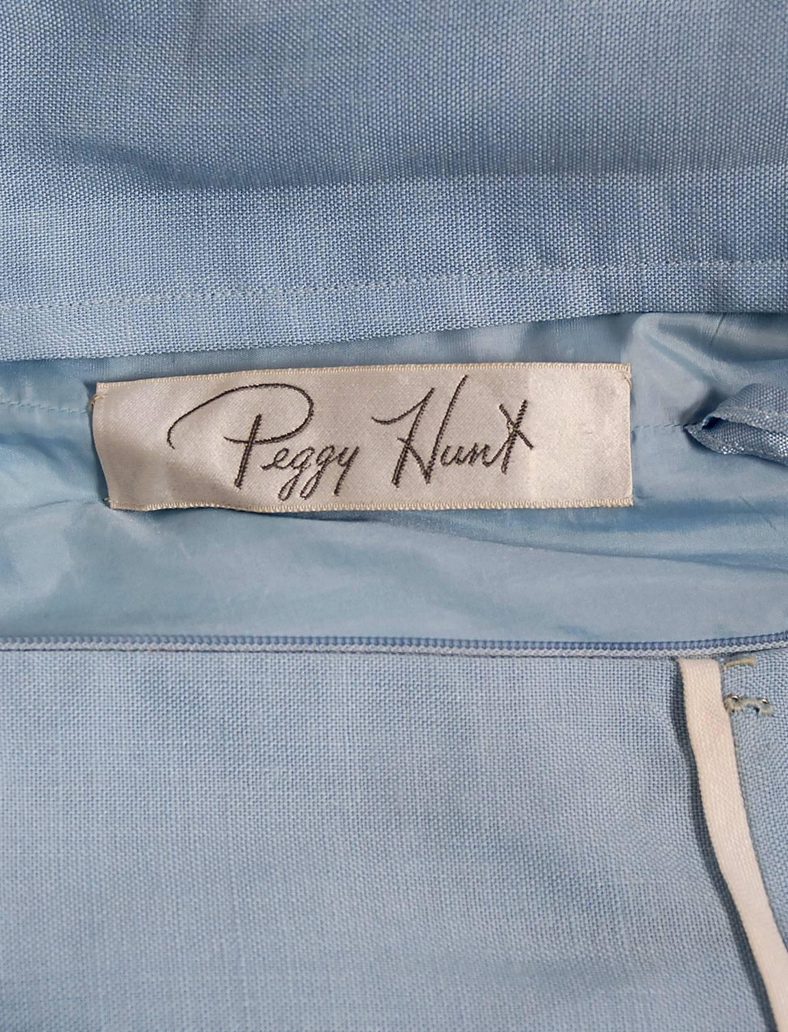 Vintage 1950's Peggy Hunt Baby-Blue Linen Applique Illusion Hourglass Dress In Good Condition In Beverly Hills, CA