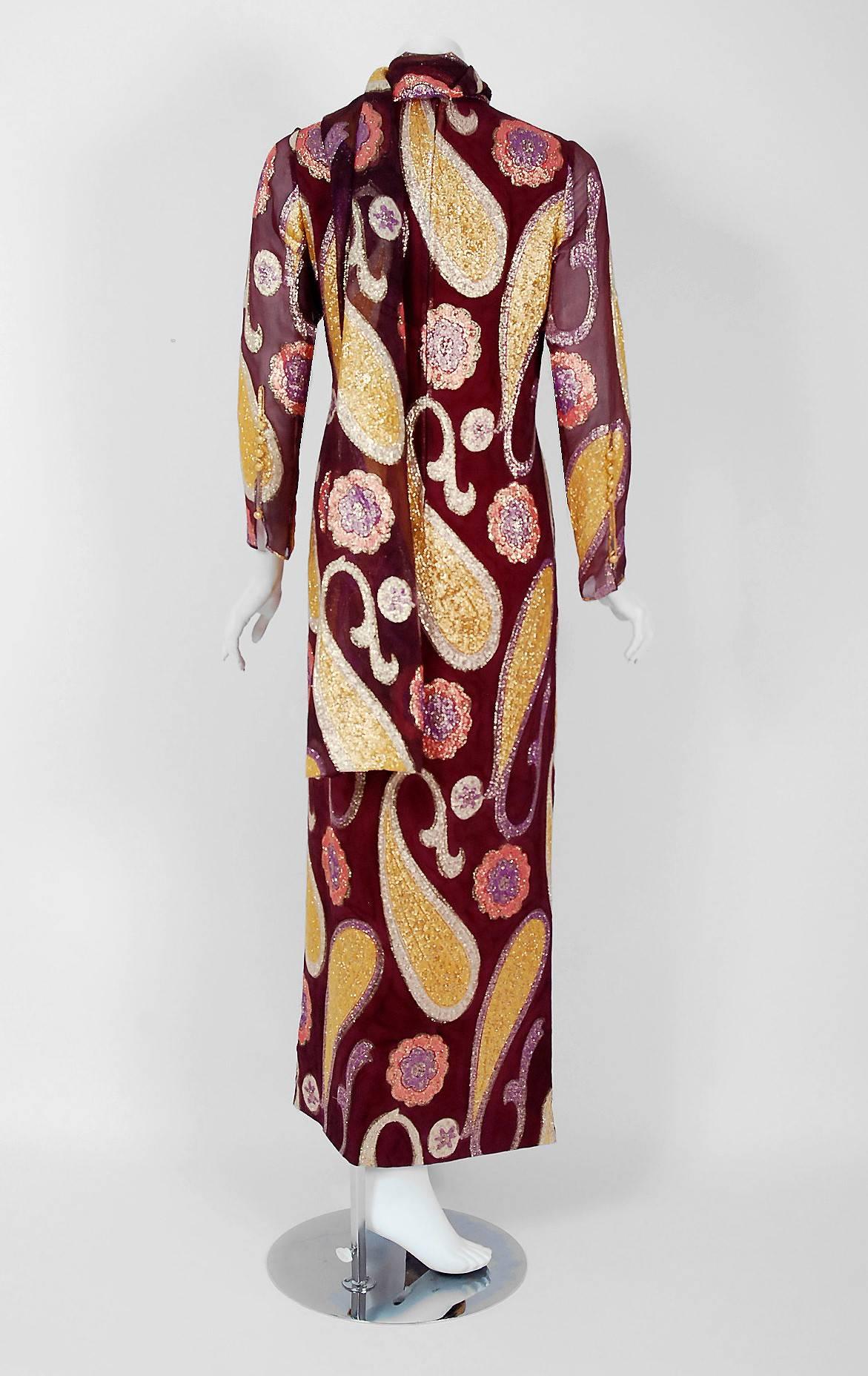 Vintage 1968 Arnold Scaasi Couture Metallic Paisley Silk Long-Sleeve Gown & Wrap 1