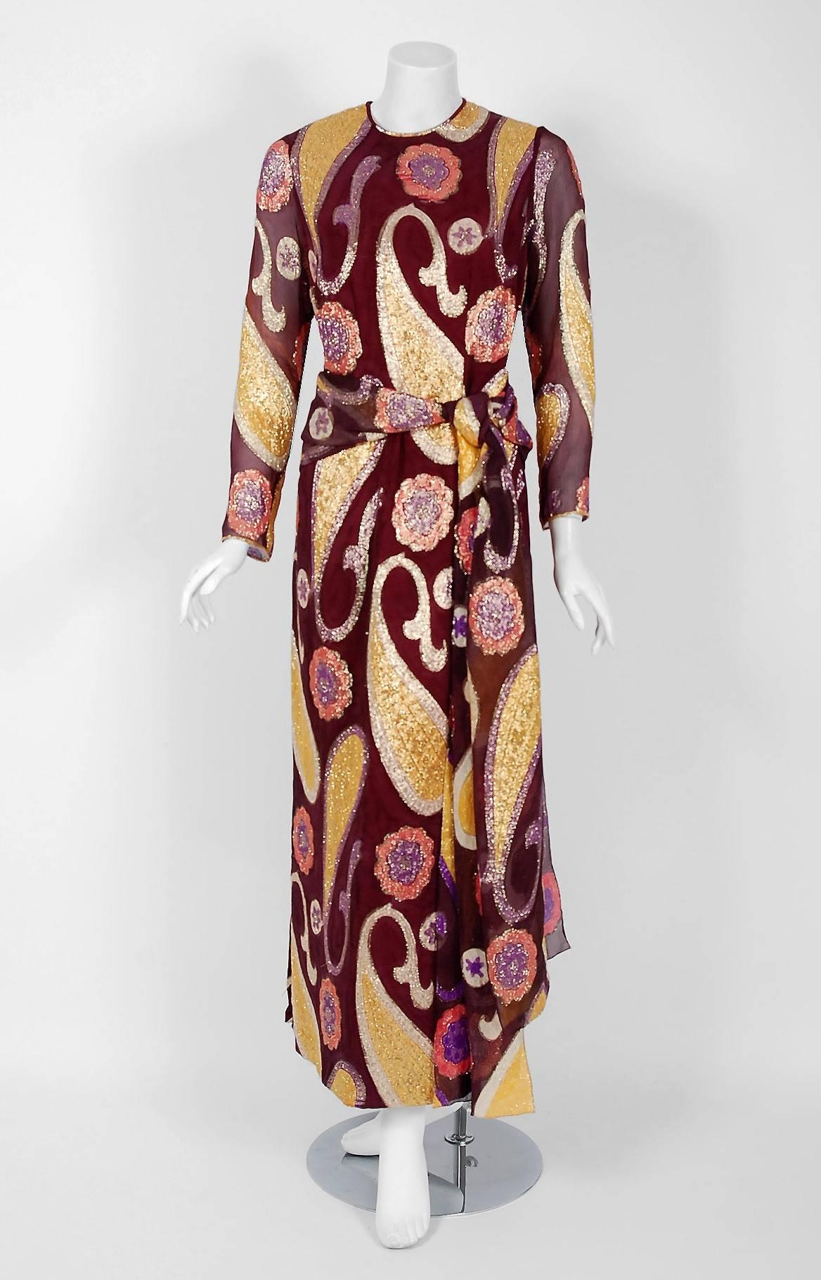 Women's Vintage 1968 Arnold Scaasi Couture Metallic Paisley Silk Long-Sleeve Gown & Wrap