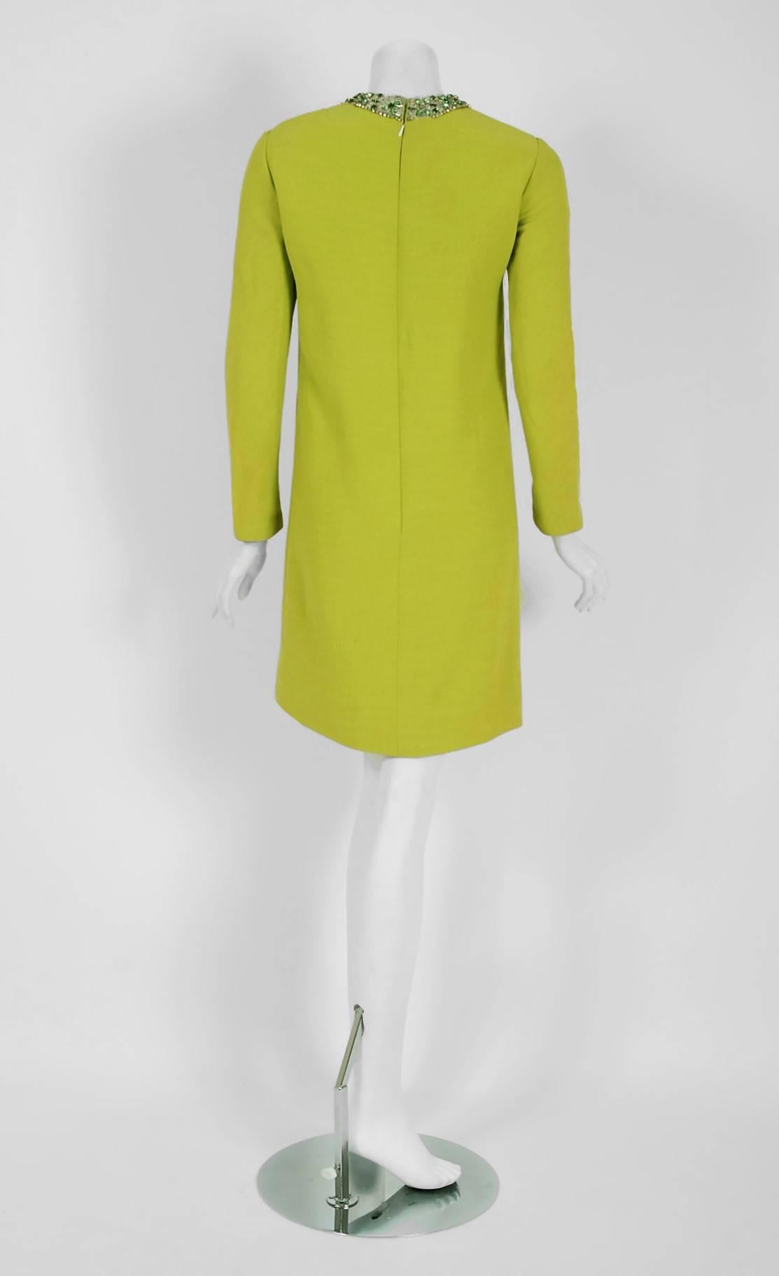 Pierre Cardin Chartreuse Green Silk Cut-Out Beaded Circles Cocktail Dress, 1967  1