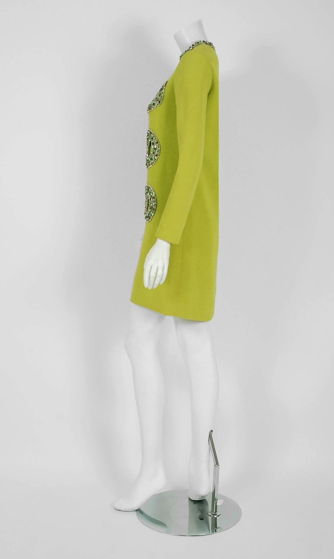 Women's Pierre Cardin Chartreuse Green Silk Cut-Out Beaded Circles Cocktail Dress, 1967 