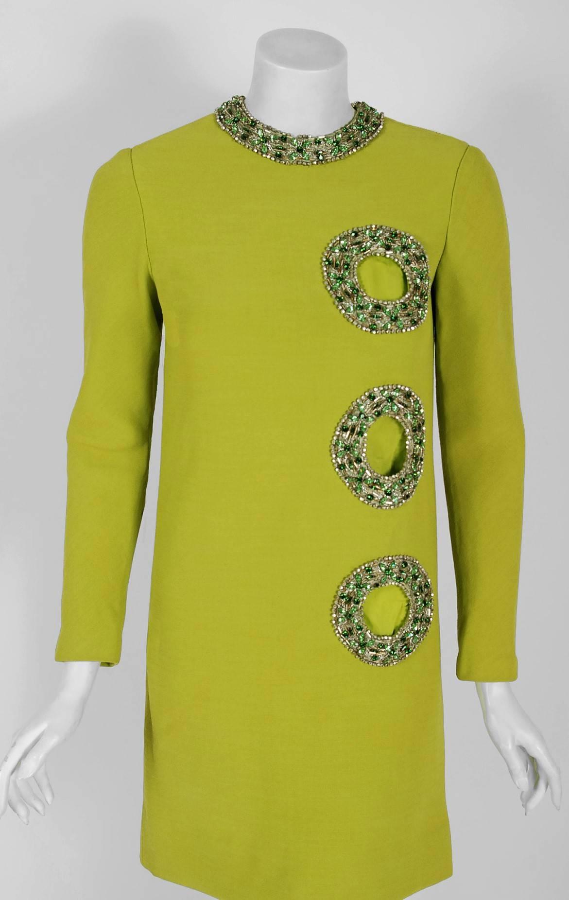 Spectacular 1967 Pierre Cardin designer mod cocktail in the prettiest chartreuse green color! In 1951 Cardin opened his own couture house and by 1957, he started a ready-to-wear line; a bold move for a French couturier at the time. The looks most