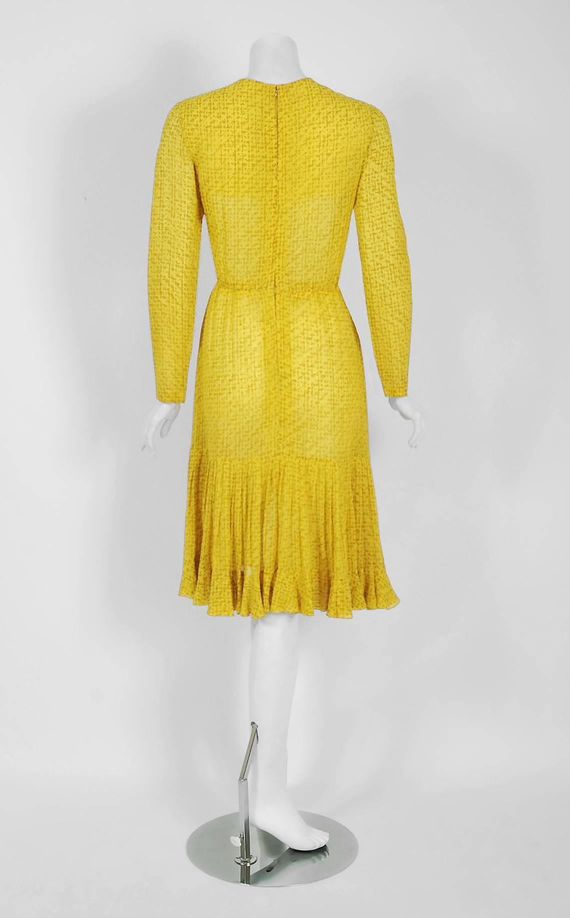 1975 Christian Dior Haute-Couture Yellow Print Chiffon Fishtail Flounce Dress  1