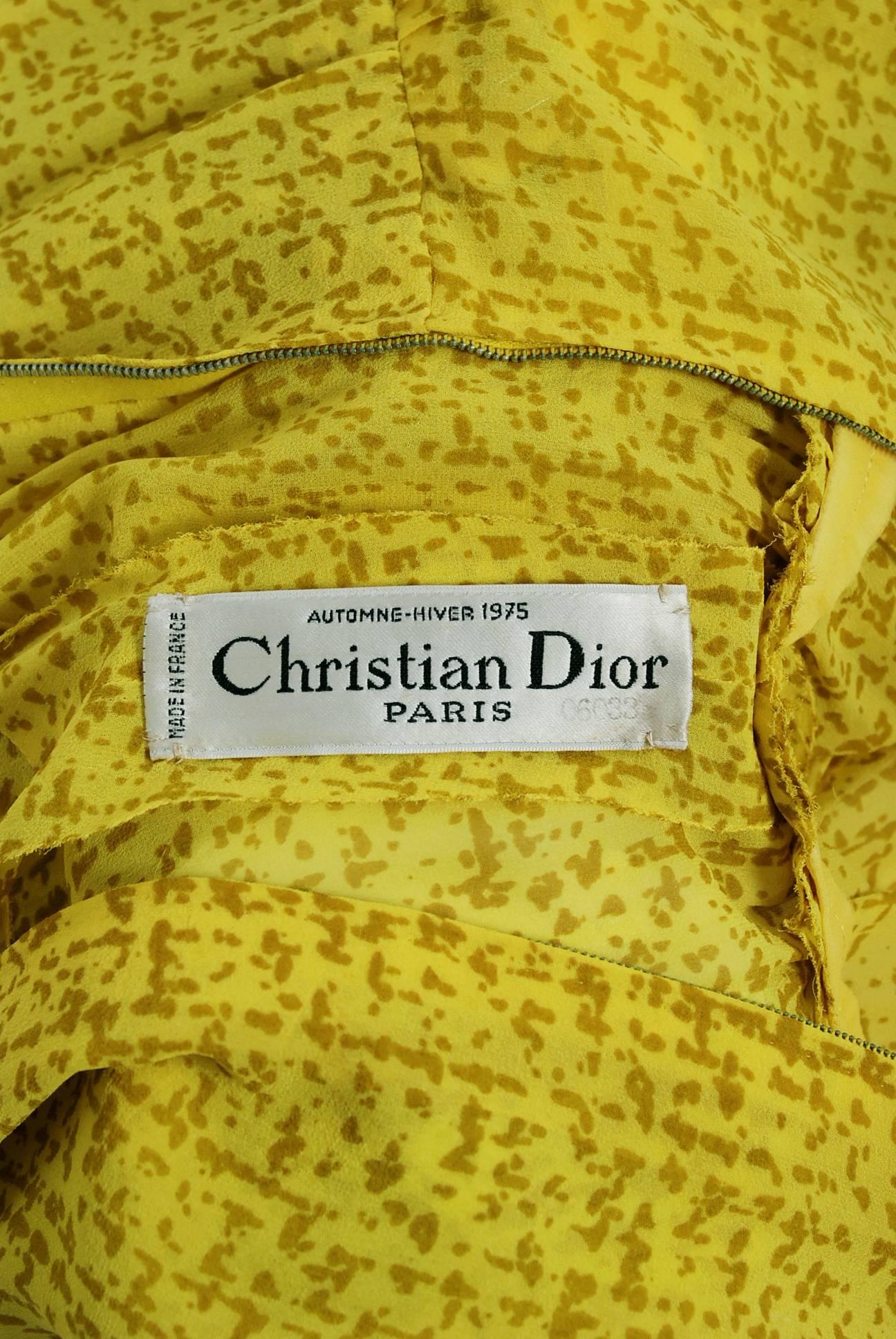 1975 Christian Dior Haute-Couture Yellow Print Chiffon Fishtail Flounce Dress  2