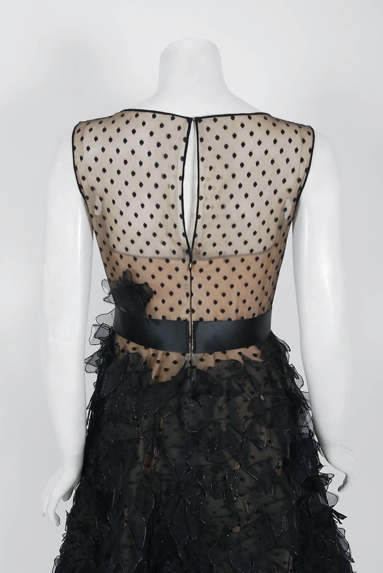 2011 Oscar de la Renta Black & Nude Sheer-Illusion Silk Applique Party Dress   1