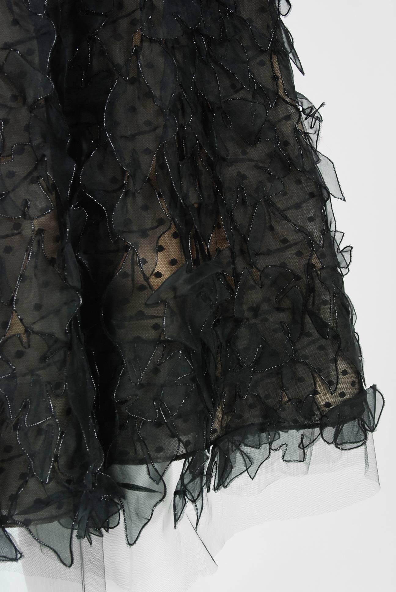 2011 Oscar de la Renta Black & Nude Sheer-Illusion Silk Applique Party Dress   In Excellent Condition In Beverly Hills, CA