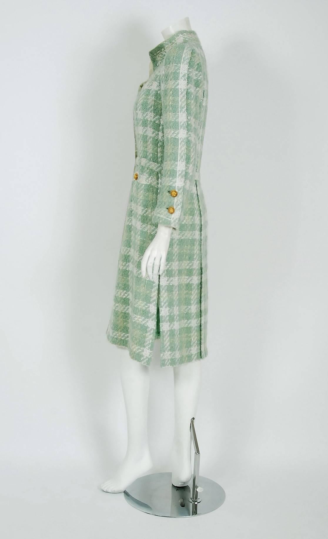 Gray 1970 Chanel Haute-Couture Seafoam Green Boucle Plaid Wool Mod Military Coat 