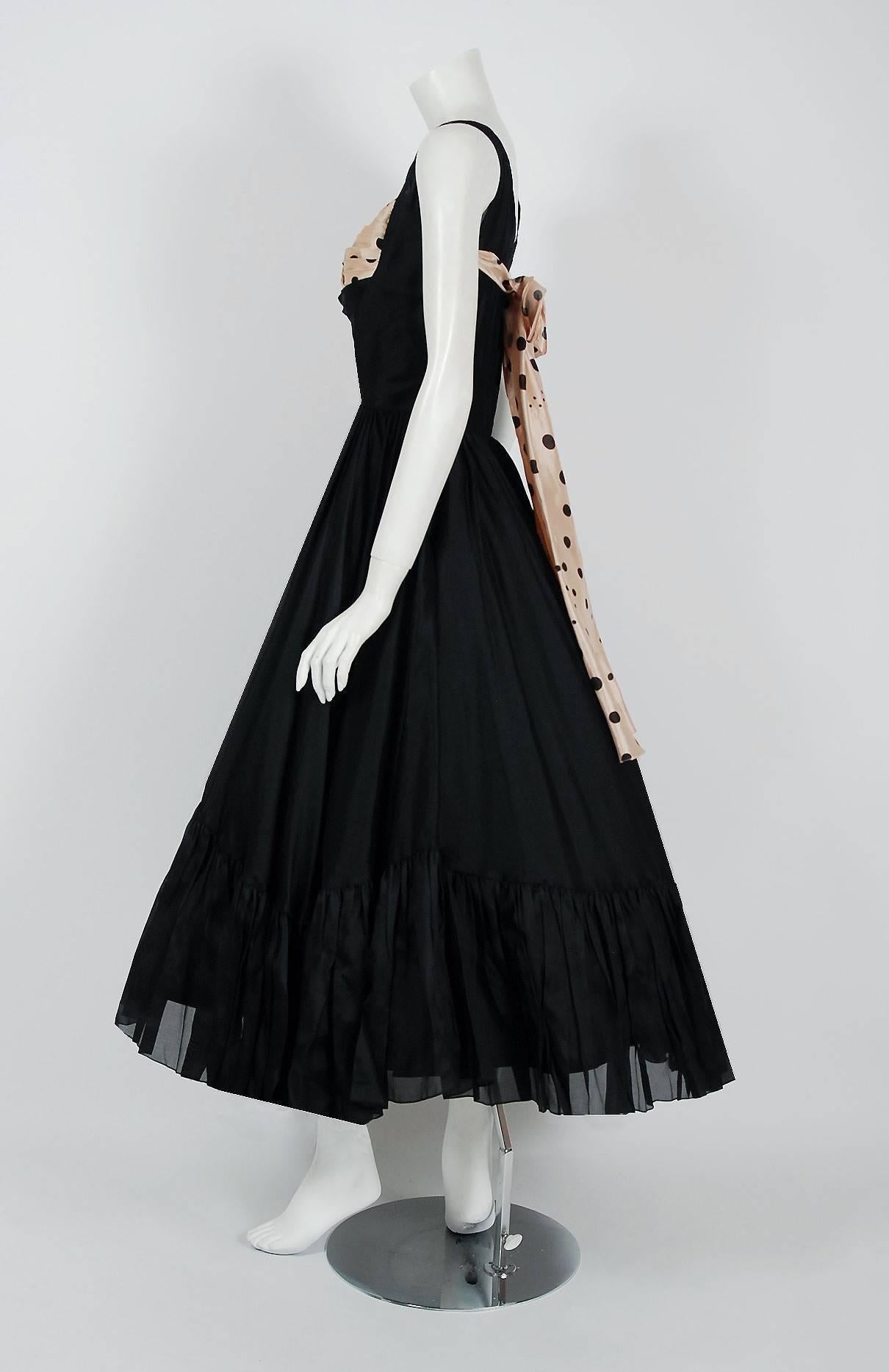 Women's 1950's Oleg Cassini Black & Pink Polka Dot Silk Shelf-Bust Full Party Dress   