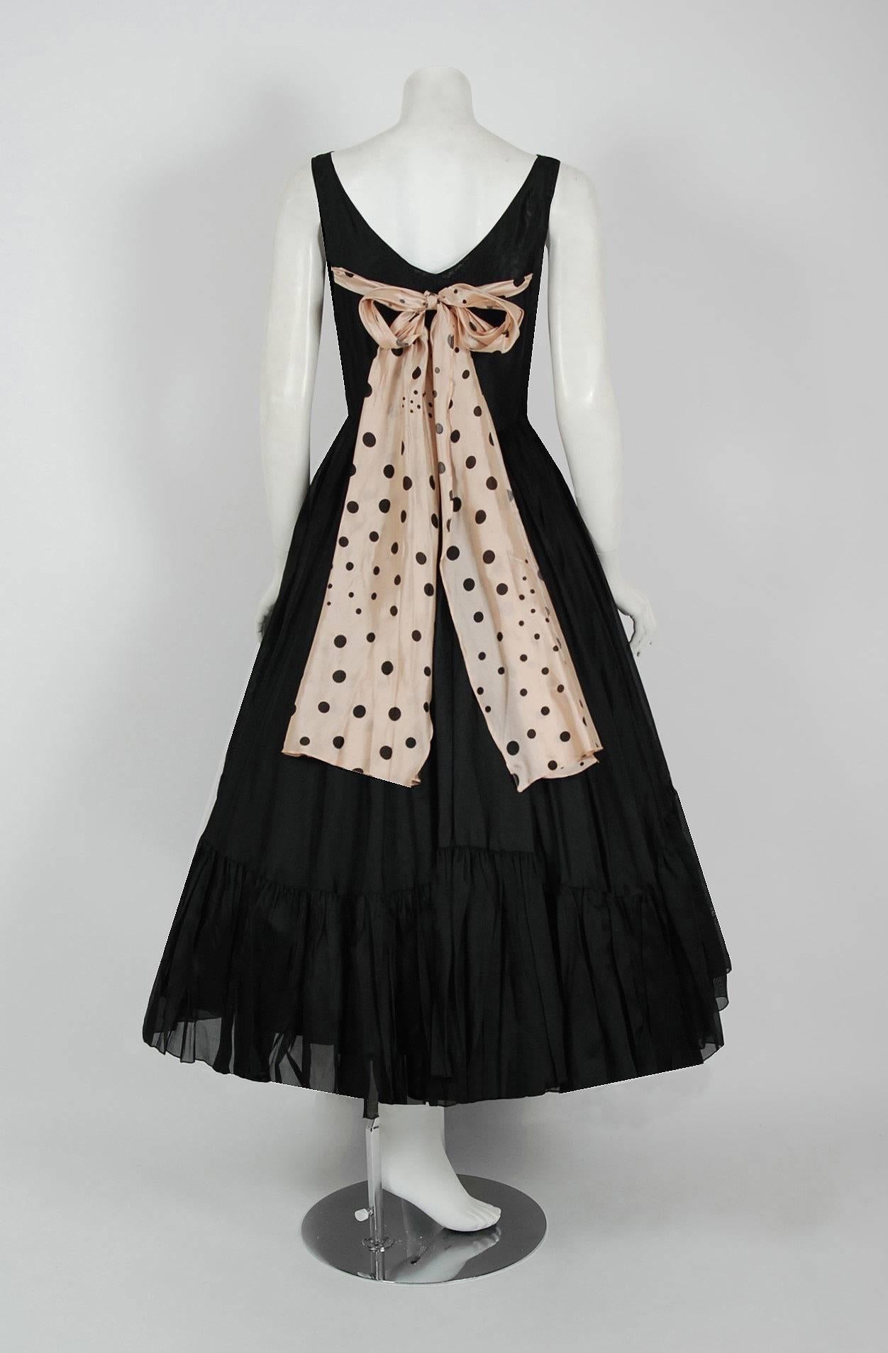 1950's Oleg Cassini Black & Pink Polka Dot Silk Shelf-Bust Full Party Dress    1