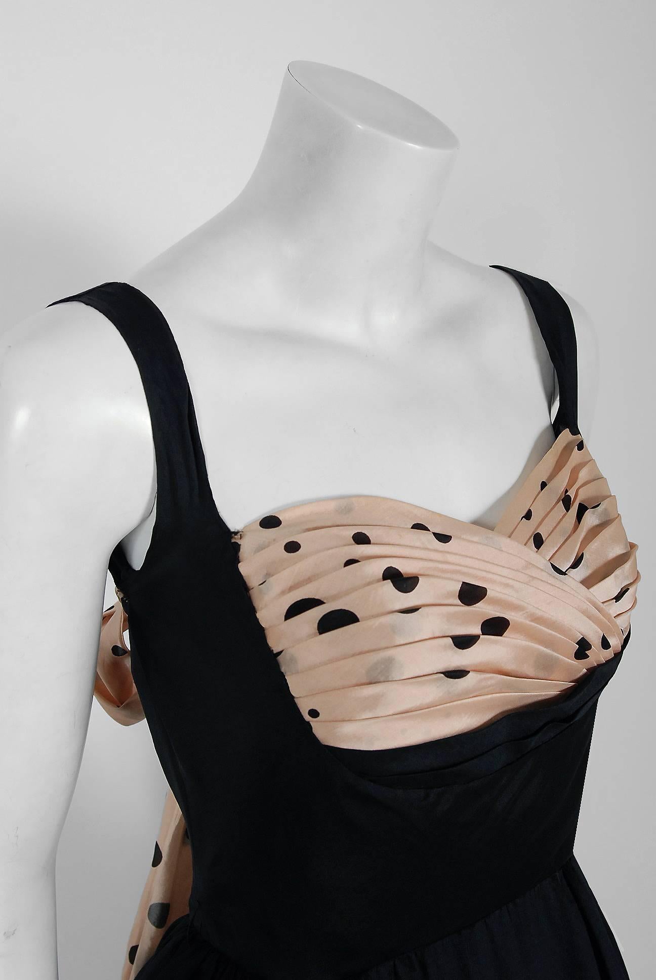 1950's Oleg Cassini Black & Pink Polka Dot Silk Shelf-Bust Full Party Dress    In Excellent Condition In Beverly Hills, CA