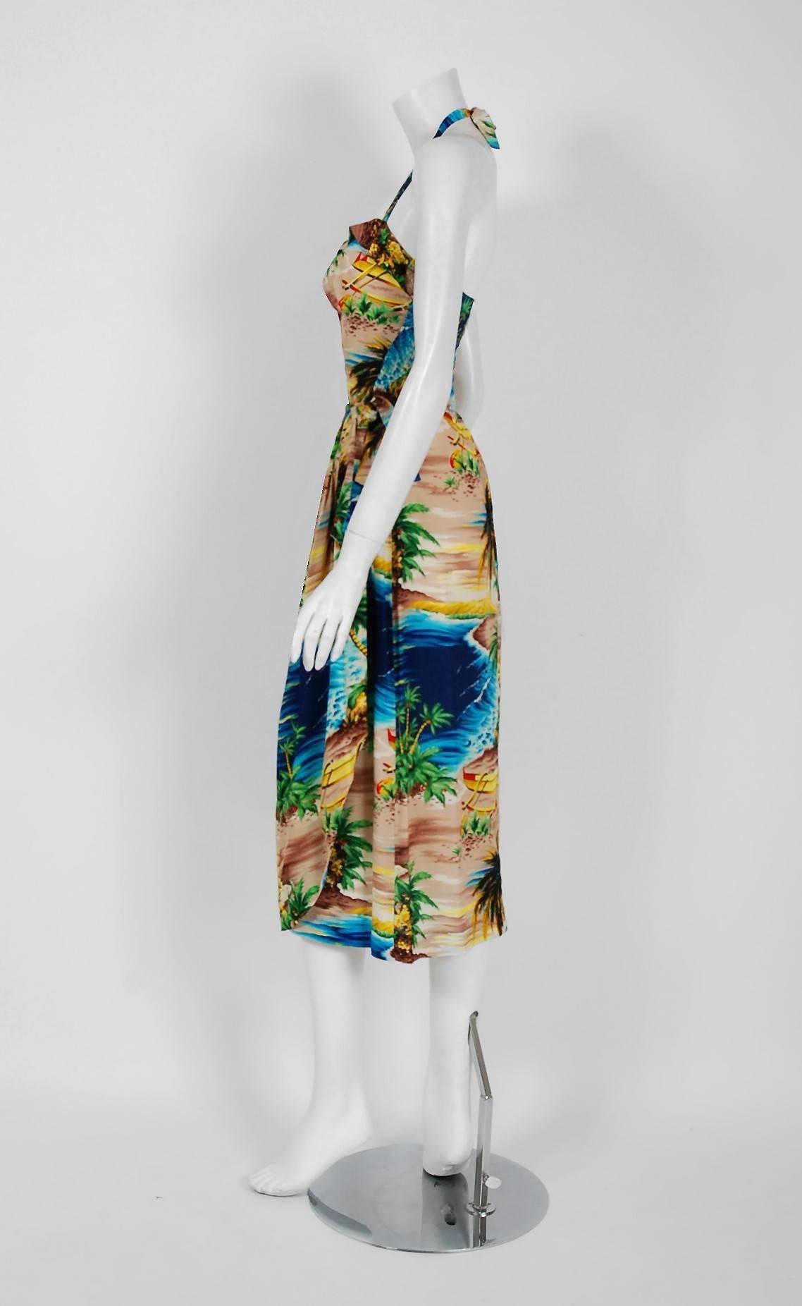 Black 1940's Tropical Hawaiian Novelty Print Silk-Rayon Halter Sarong Dress & Bolero