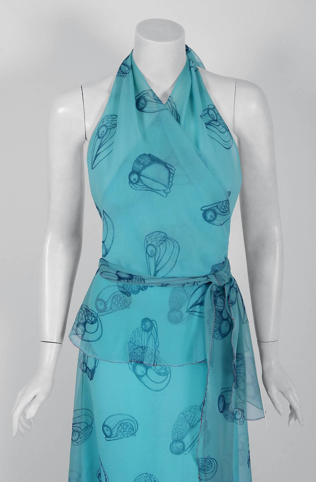 Ultra seductive blue toucan-bird novelty print dress ensemble by the famous Stephen Burrows. Melding his training in classic technique with his own adventurous vision, he is best known for his 