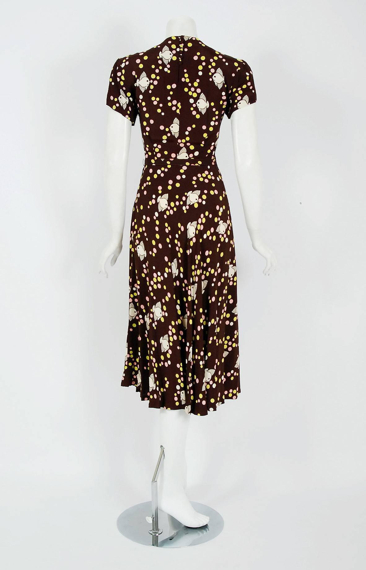 1940's Swimming Fish Novelty-Print Rayon Illusion Applique Belted Swing Dress  1