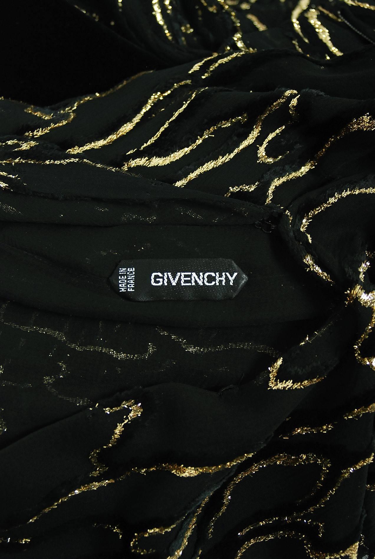 Vintage 1979 Givenchy Haute-Couture Metallic Gold & Black Burnout Velvet Dress For Sale 2