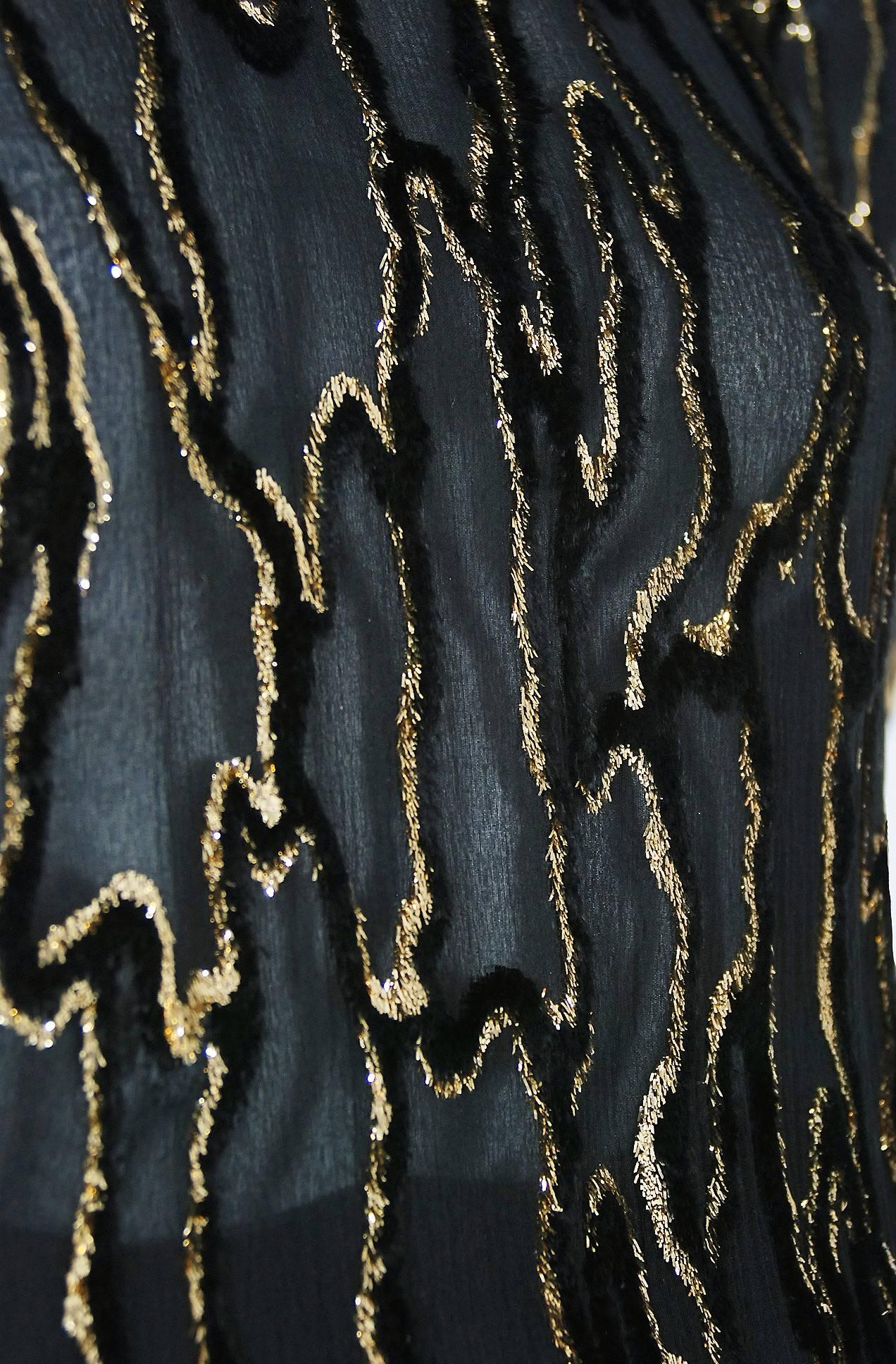 Vintage 1979 Givenchy Haute-Couture Metallic Gold & Schwarz Ausbrenner Samtkleid  im Zustand „Gut“ im Angebot in Beverly Hills, CA