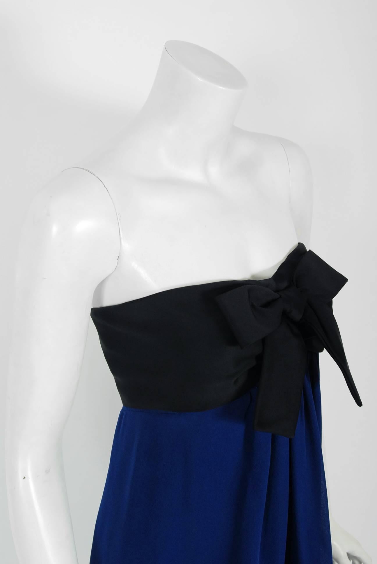 Purple Vintage 1990 Chanel Runway Sapphire-Blue & Black Silk Strapless Dress w/ Shawl