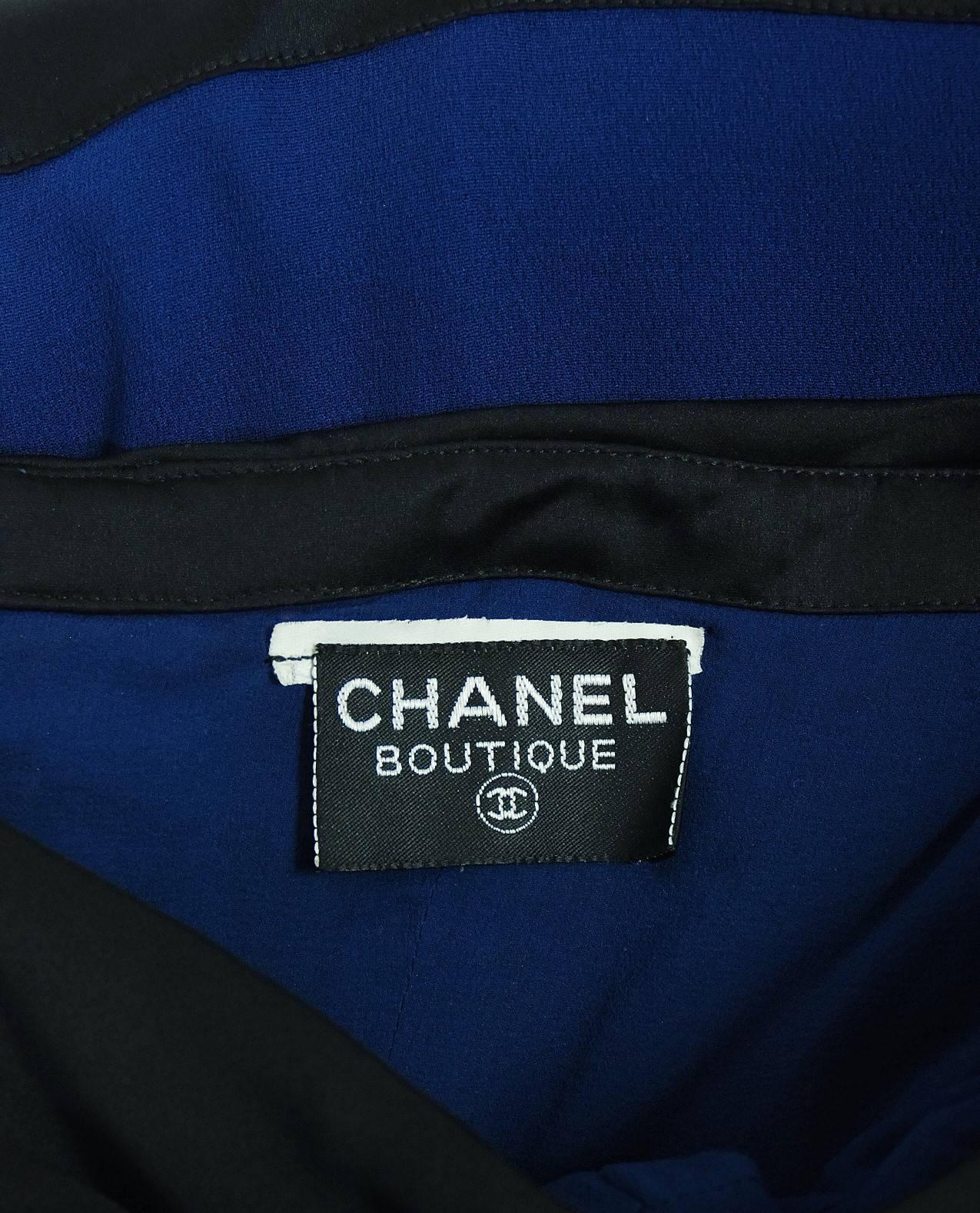 Vintage 1990 Chanel Runway Sapphire-Blue & Black Silk Strapless Dress w/ Shawl 2