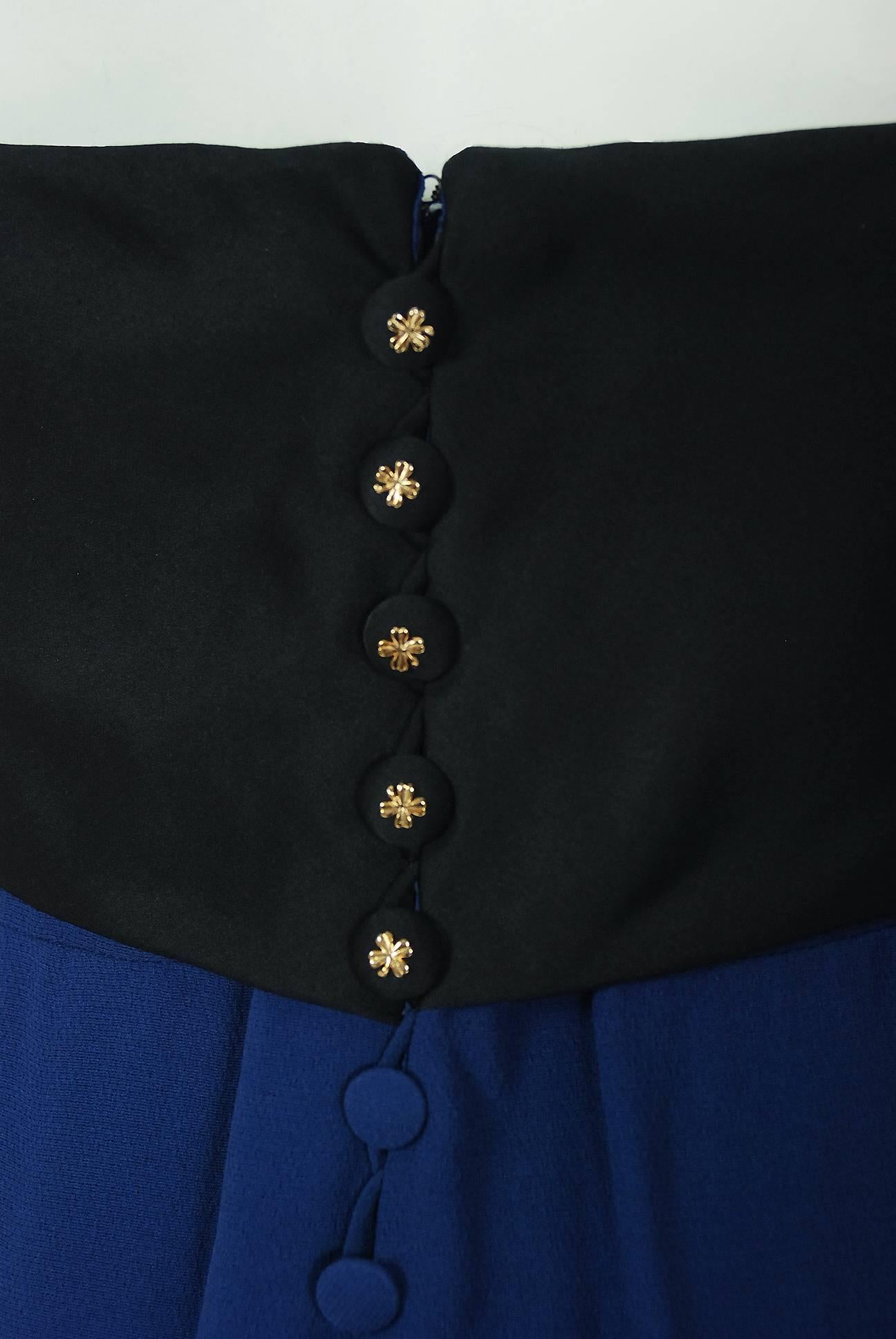 Women's Vintage 1990 Chanel Runway Sapphire-Blue & Black Silk Strapless Dress w/ Shawl
