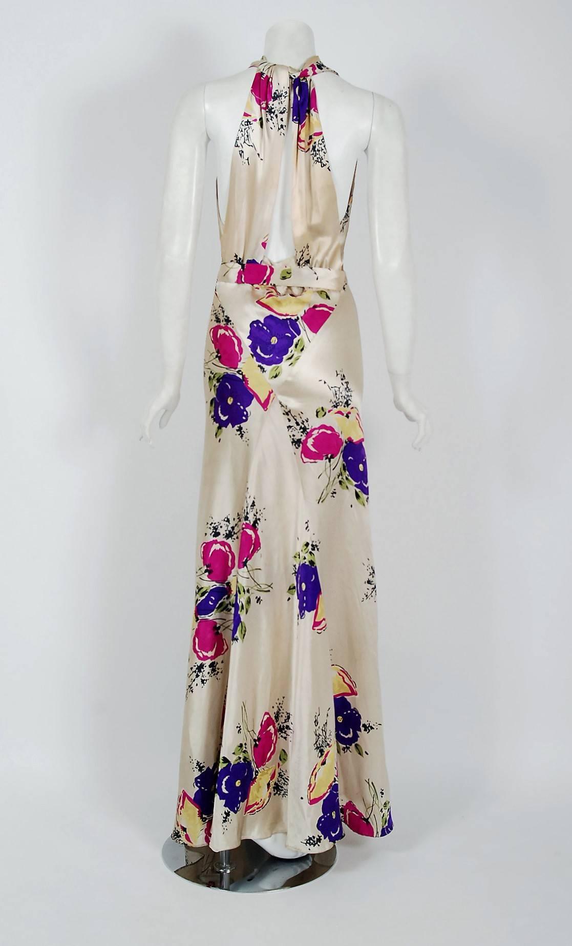Women's 1930's Seductive Floral Garden Silk Satin Cowl-Neck Hourglass Bias-Cut Gown