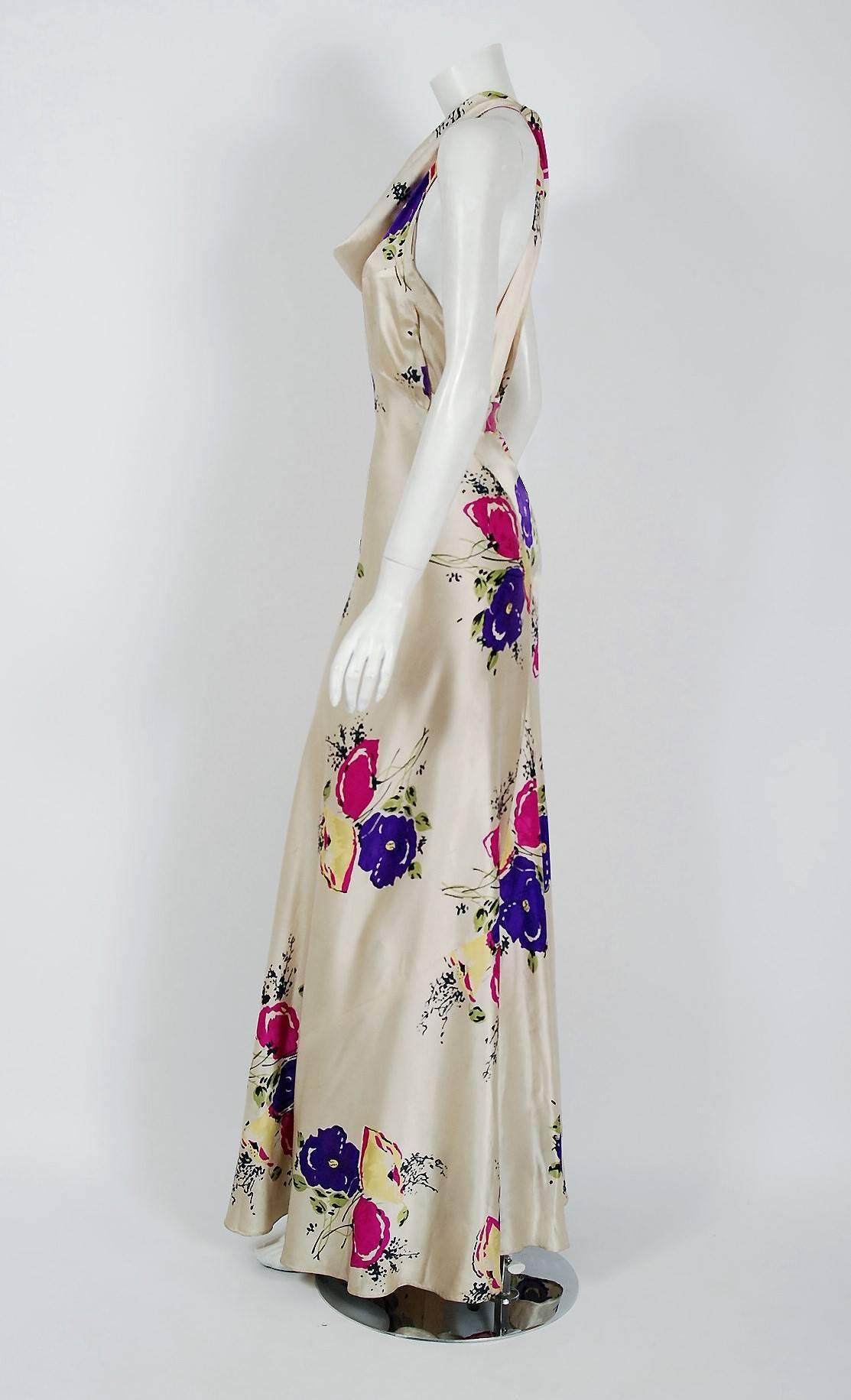 1930's Seductive Floral Garden Silk Satin Cowl-Neck Hourglass Bias-Cut Gown In Excellent Condition In Beverly Hills, CA