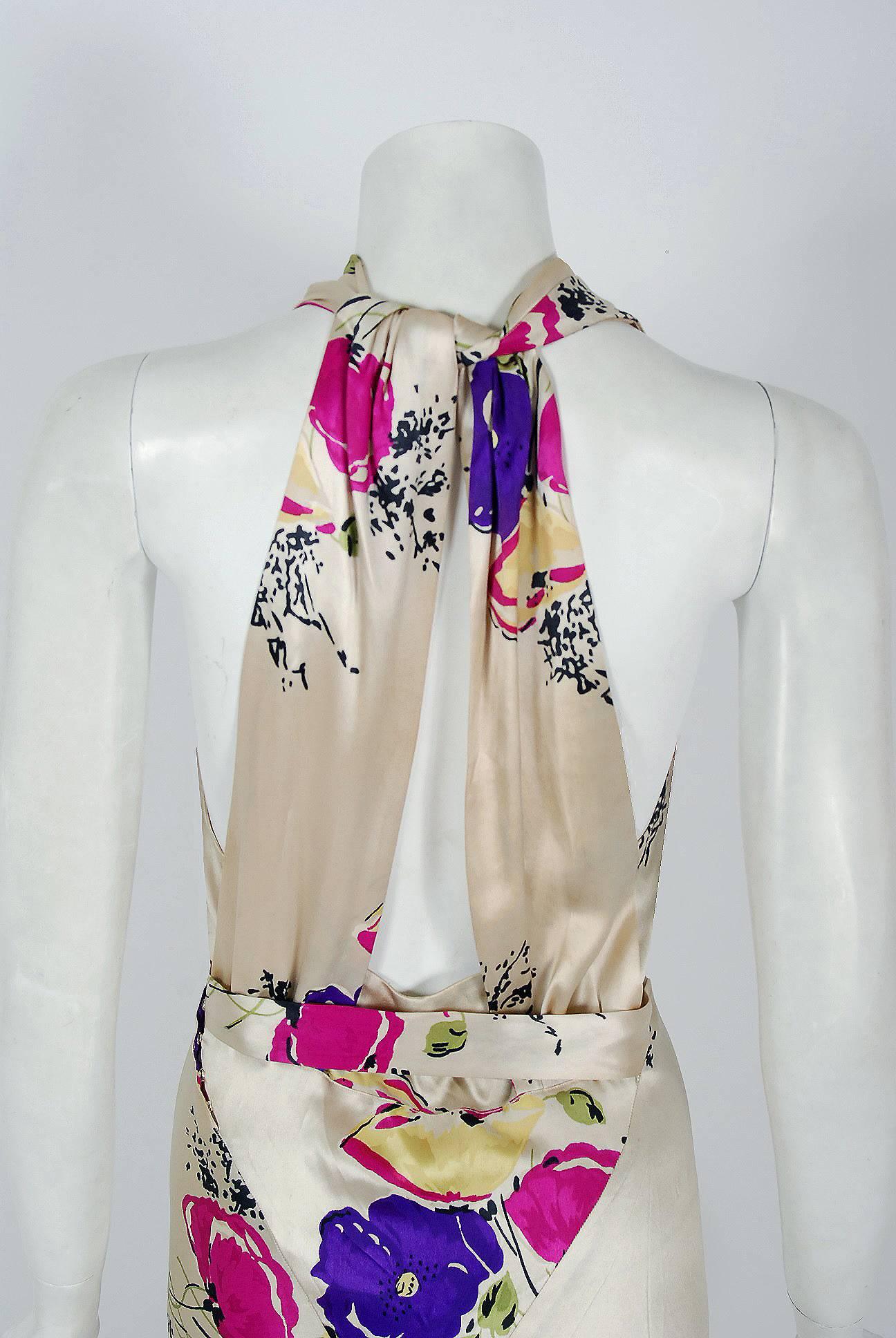 1930's Seductive Floral Garden Silk Satin Cowl-Neck Hourglass Bias-Cut Gown 1