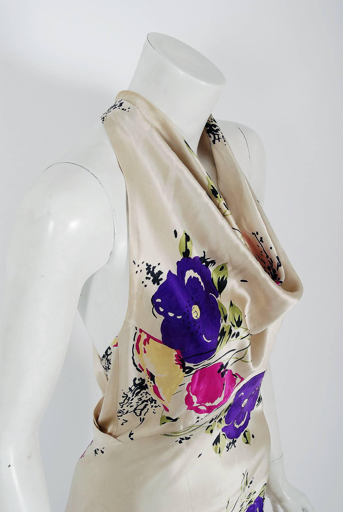 Beige 1930's Seductive Floral Garden Silk Satin Cowl-Neck Hourglass Bias-Cut Gown