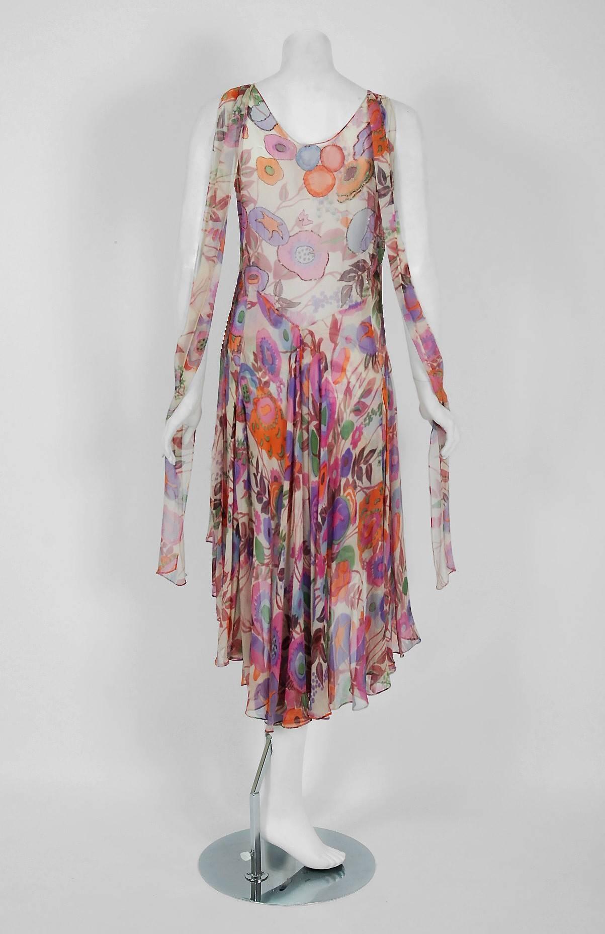 1920's French Couture Beaded Floral Silk-Chiffon Tiered Waterfall Flapper Dress 1