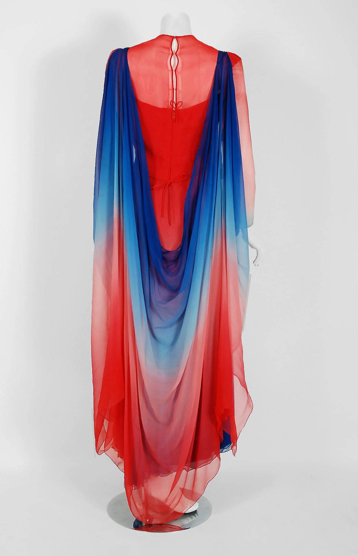 Women's Vintage 1977 Arnold Scaasi Couture Ombre Silk Chiffon Illusion Gown & Vest Cape