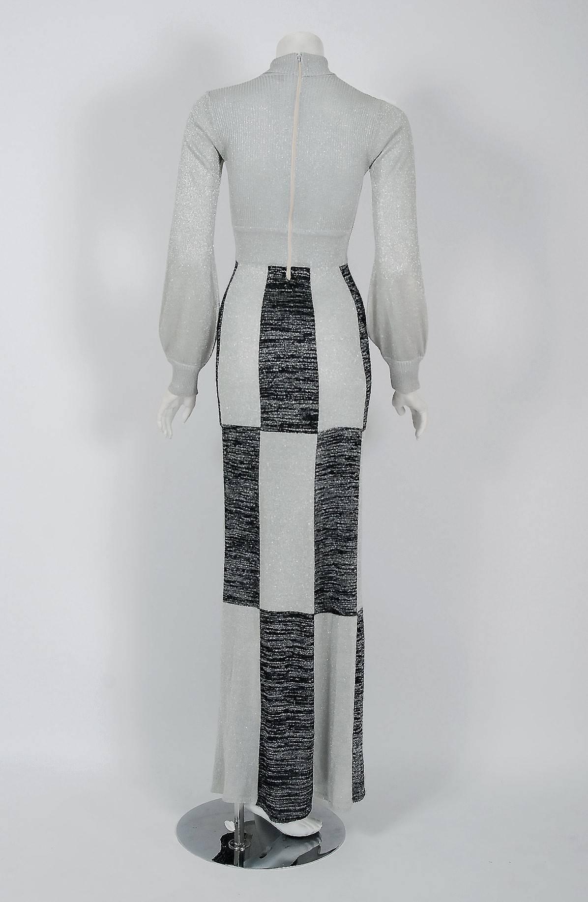 Women's 1972 Missoni Metallic Silver & Black Graphic Silk Knit Billow-Sleeve Maxi Dress