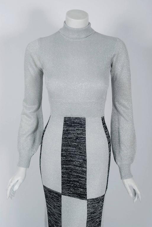 1972 Missoni Metallic Silver and Black Graphic Silk Knit Billow-Sleeve ...