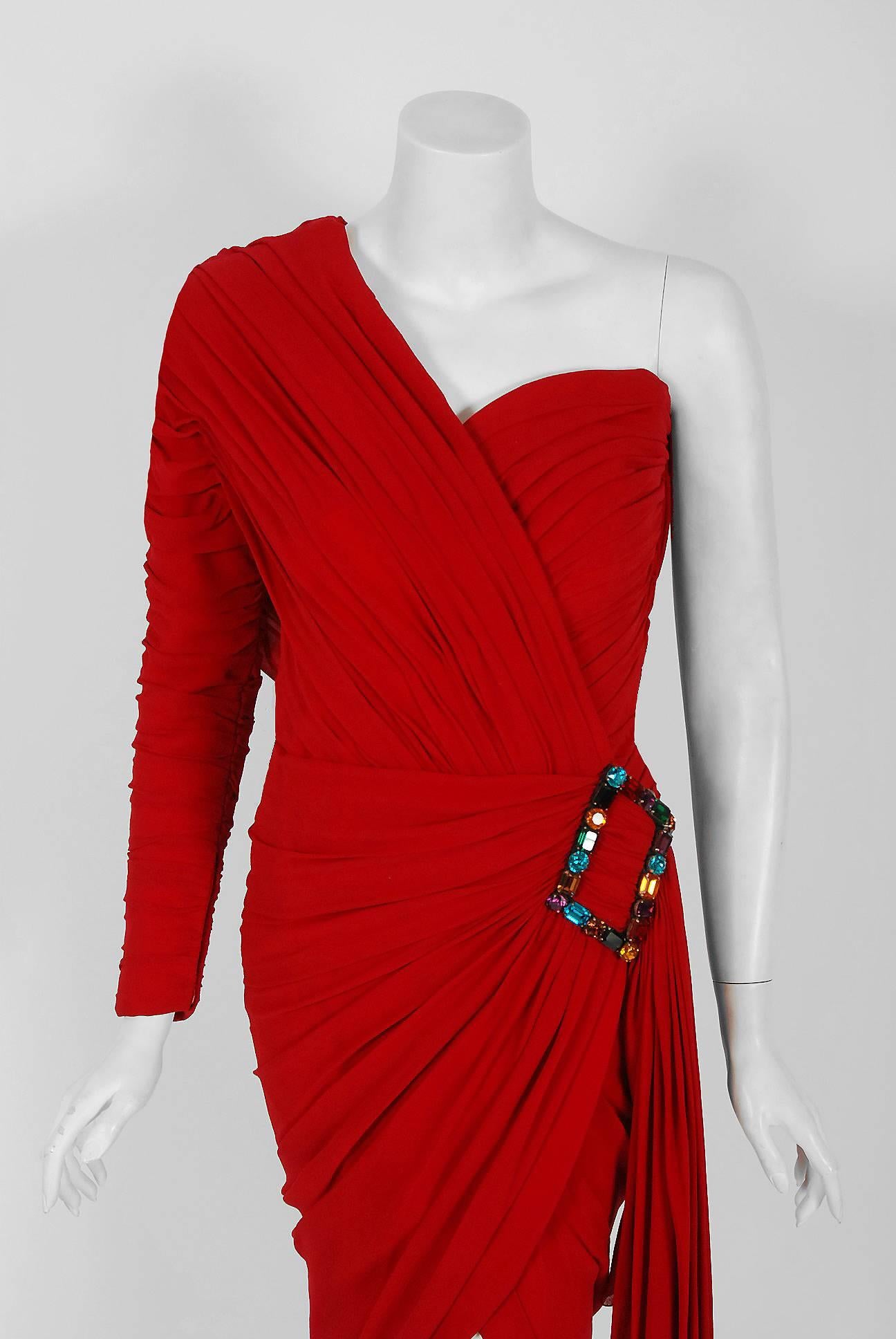 Red 1985 Christian Lacroix for Jean Patou Haute-Couture Silk Asymmetric Hooded Dress
