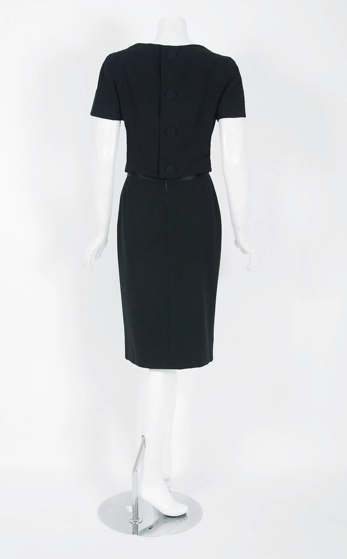 1955 Jean Patou Haute-Couture Black Wool & Satin Cocktail Wiggle Dress Ensemble 2