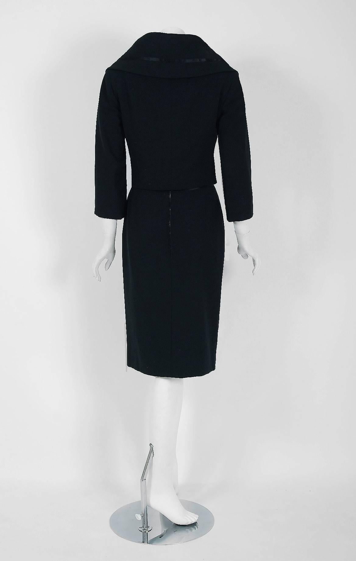1955 Jean Patou Haute-Couture Black Wool & Satin Cocktail Wiggle Dress Ensemble 3