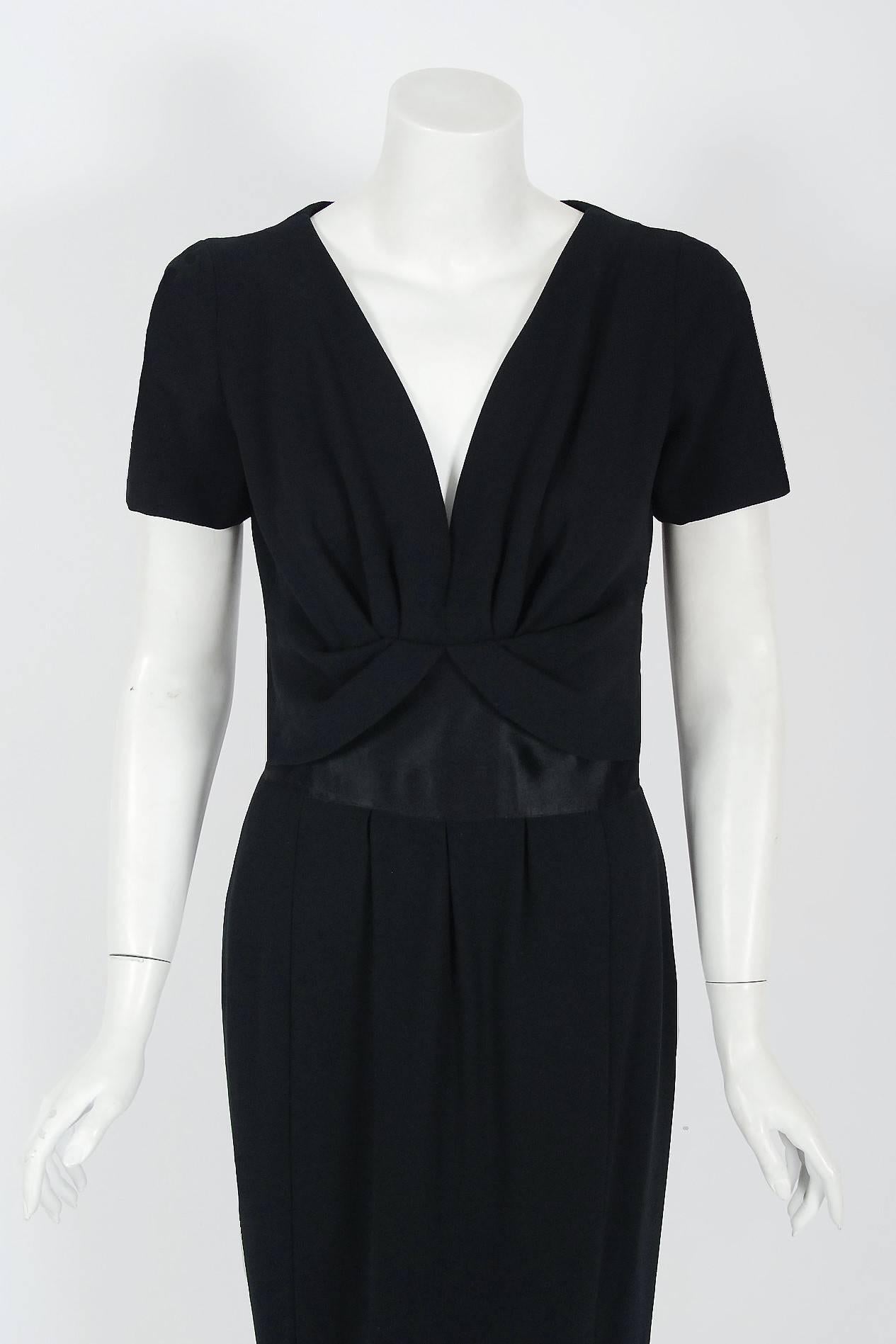 1955 Jean Patou Haute-Couture Black Wool & Satin Cocktail Wiggle Dress Ensemble 1
