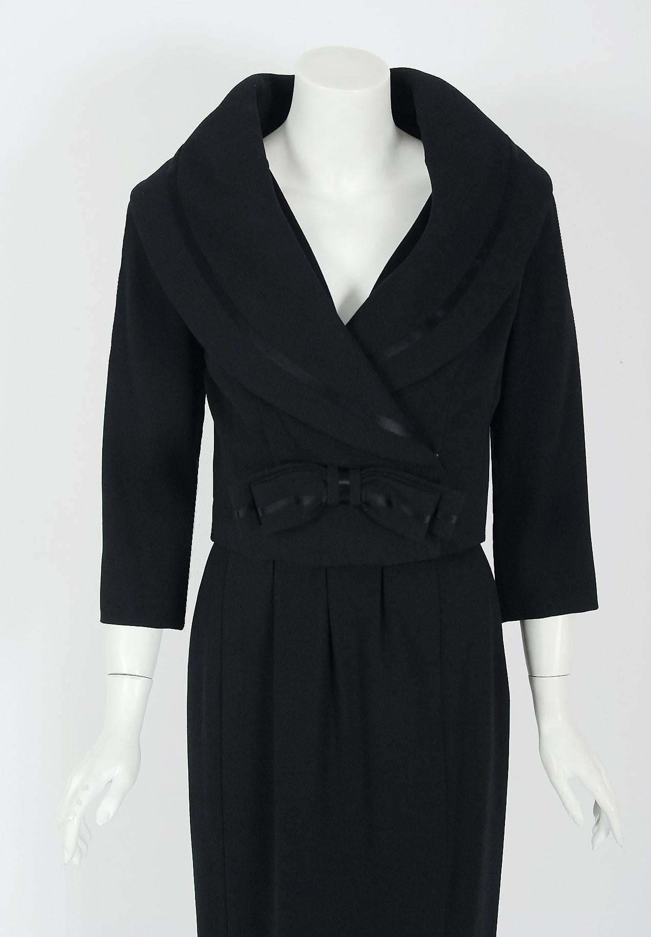 This 1955 Jean Patou Haute-Couture seductive black dress ensemble, in the most beautiful silhouette, is pure couture perfection. When the talented Marc Bohan took over as head designer in 1955, he continued the Patou tradition of elegant design.