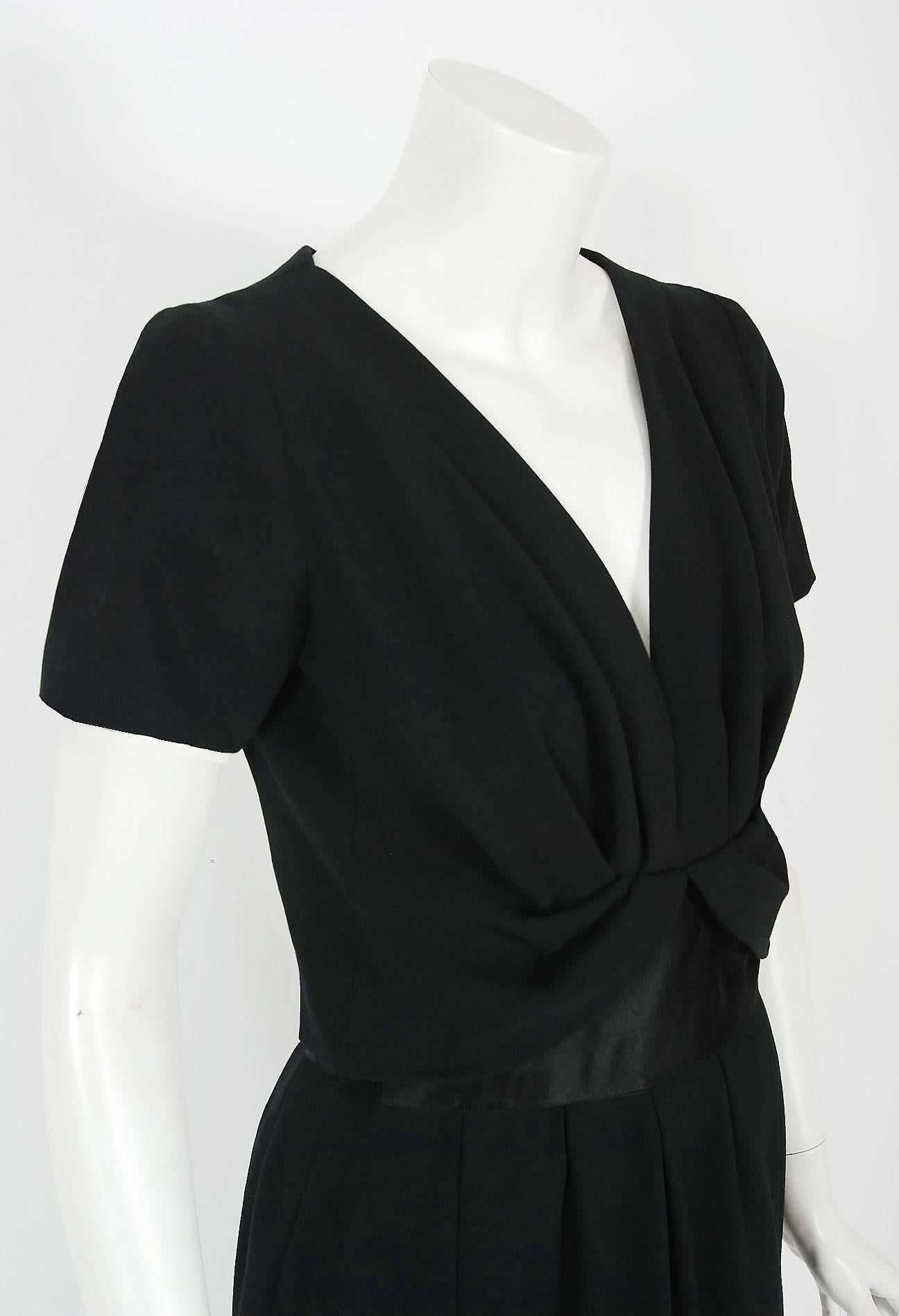 Women's 1955 Jean Patou Haute-Couture Black Wool & Satin Cocktail Wiggle Dress Ensemble