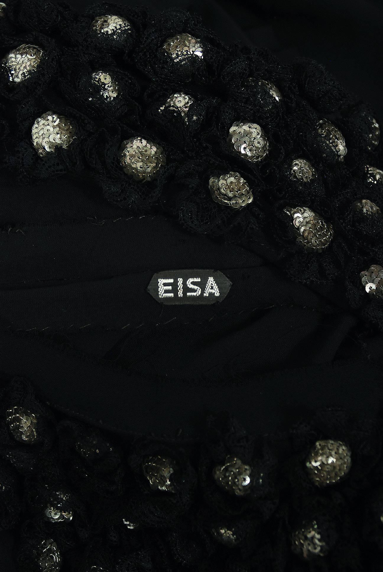 1948 Balenciaga Eisa Haute-Couture Sequin Applique Black Silk Low-Plunge Dress In Excellent Condition In Beverly Hills, CA