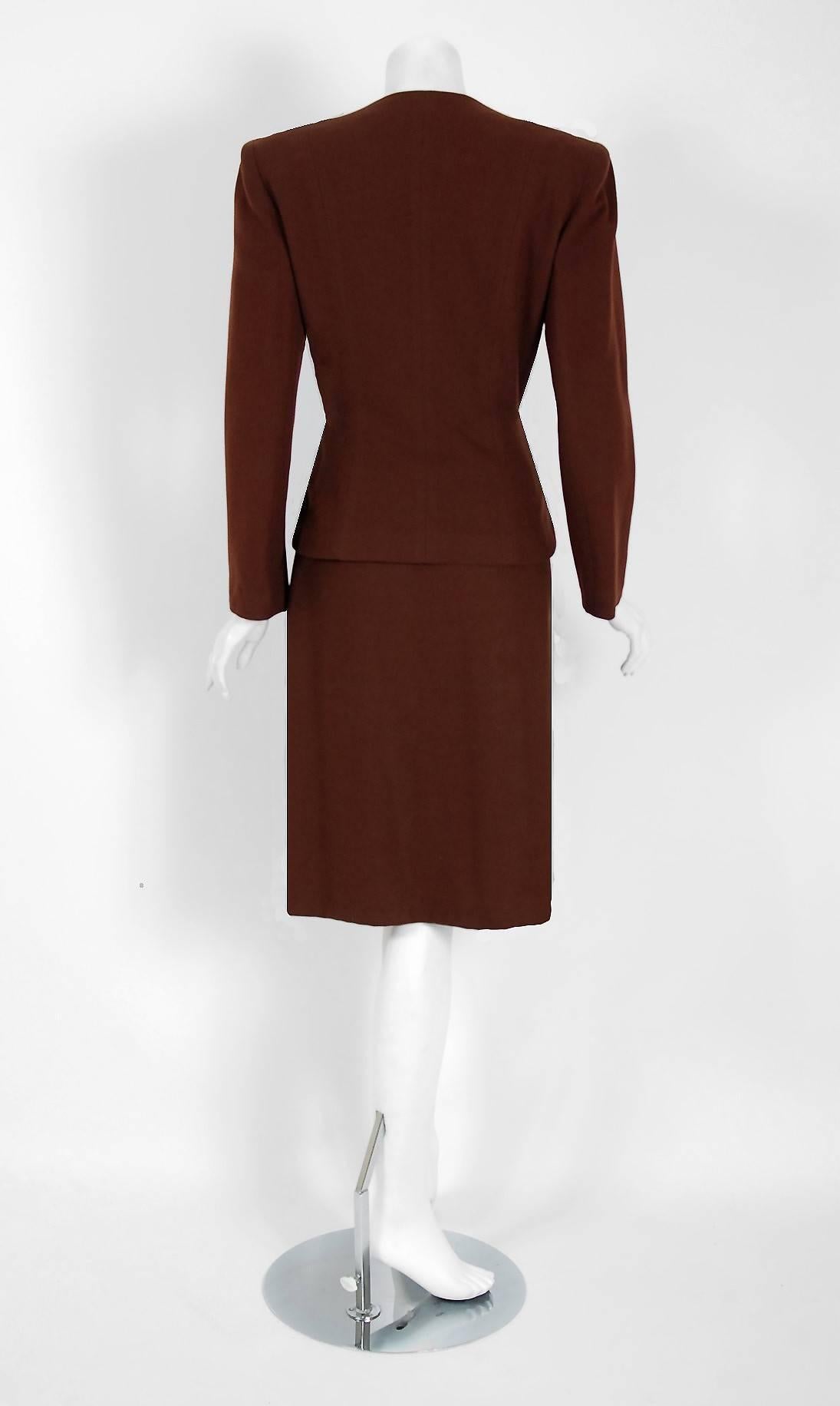 Women's 1940's Audrey Alan Blue & Brown Block-Color Deco Wool Belted Jacket Skirt Suit
