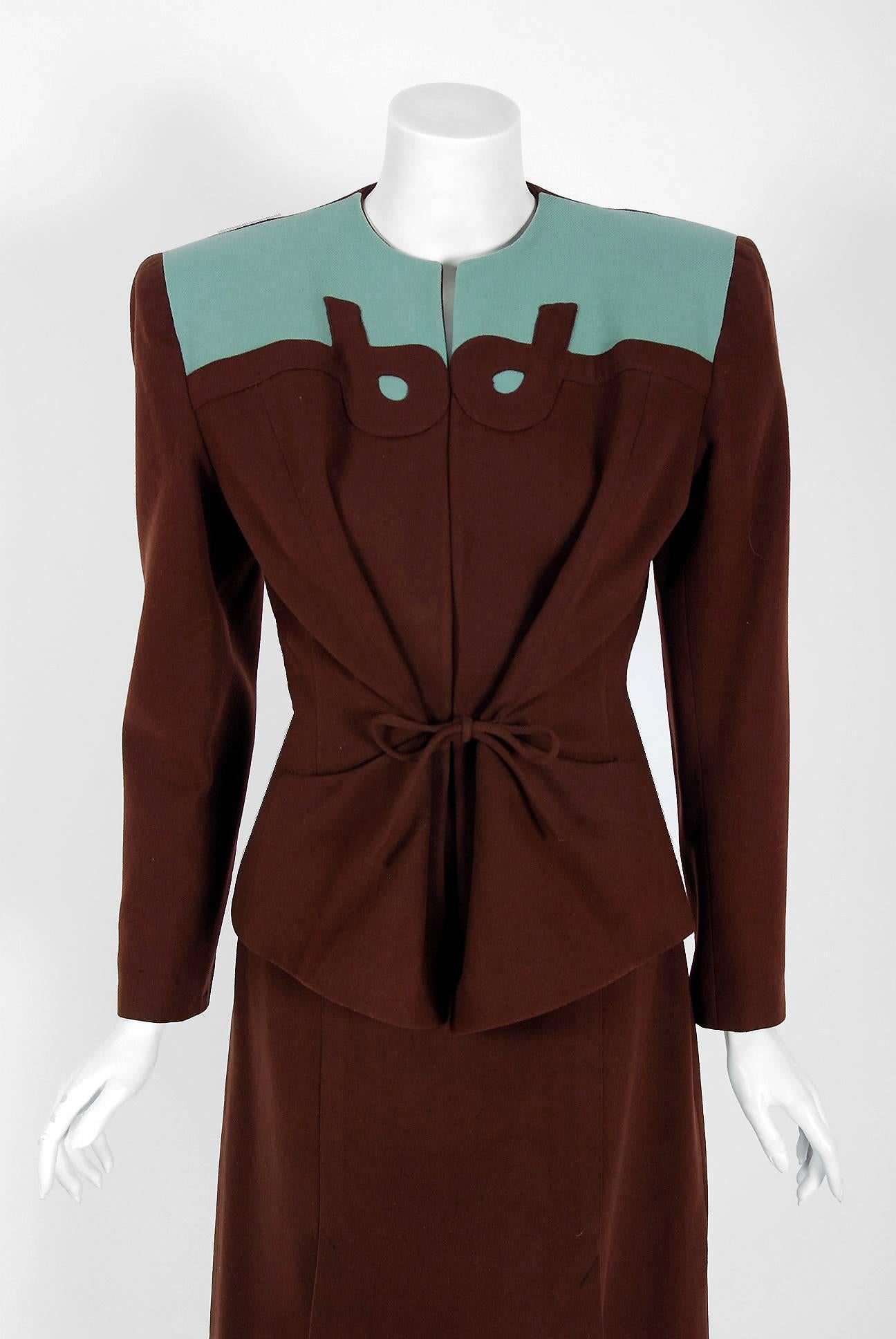 Black 1940's Audrey Alan Blue & Brown Block-Color Deco Wool Belted Jacket Skirt Suit