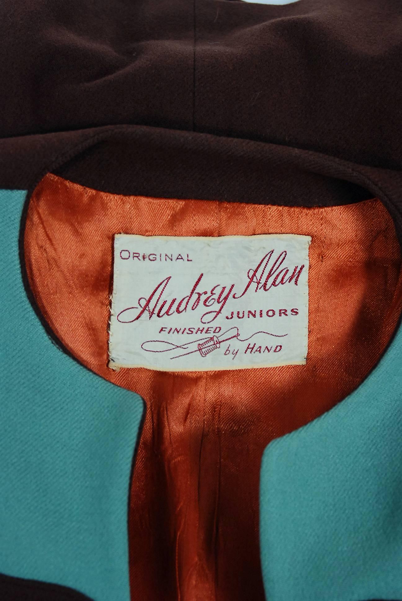 1940's Audrey Alan Blue & Brown Block-Color Deco Wool Belted Jacket Skirt Suit 1