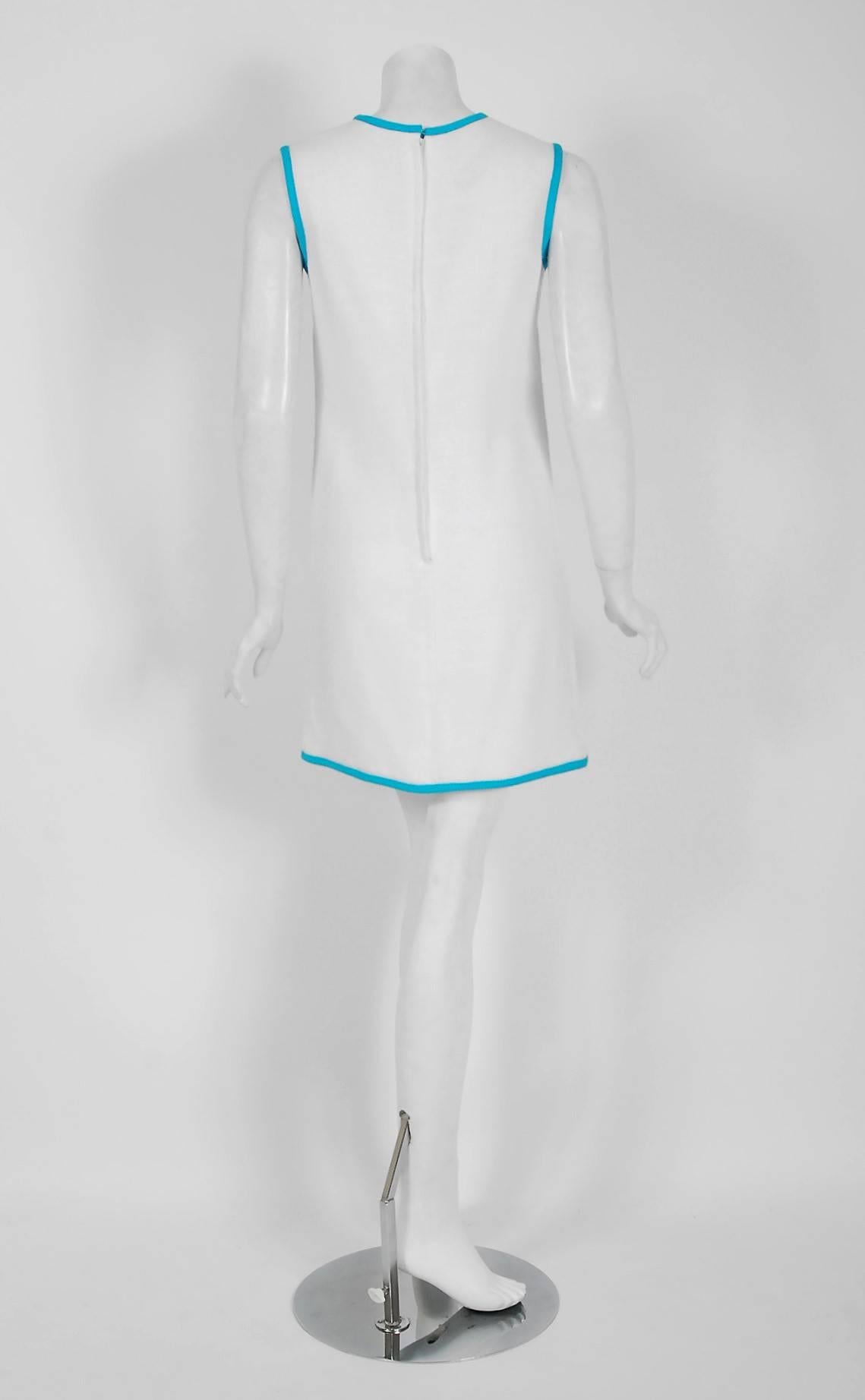 Gray Vintage 1968 Pierre Cardin Documented White Linen Applique Space Age Mod Dress