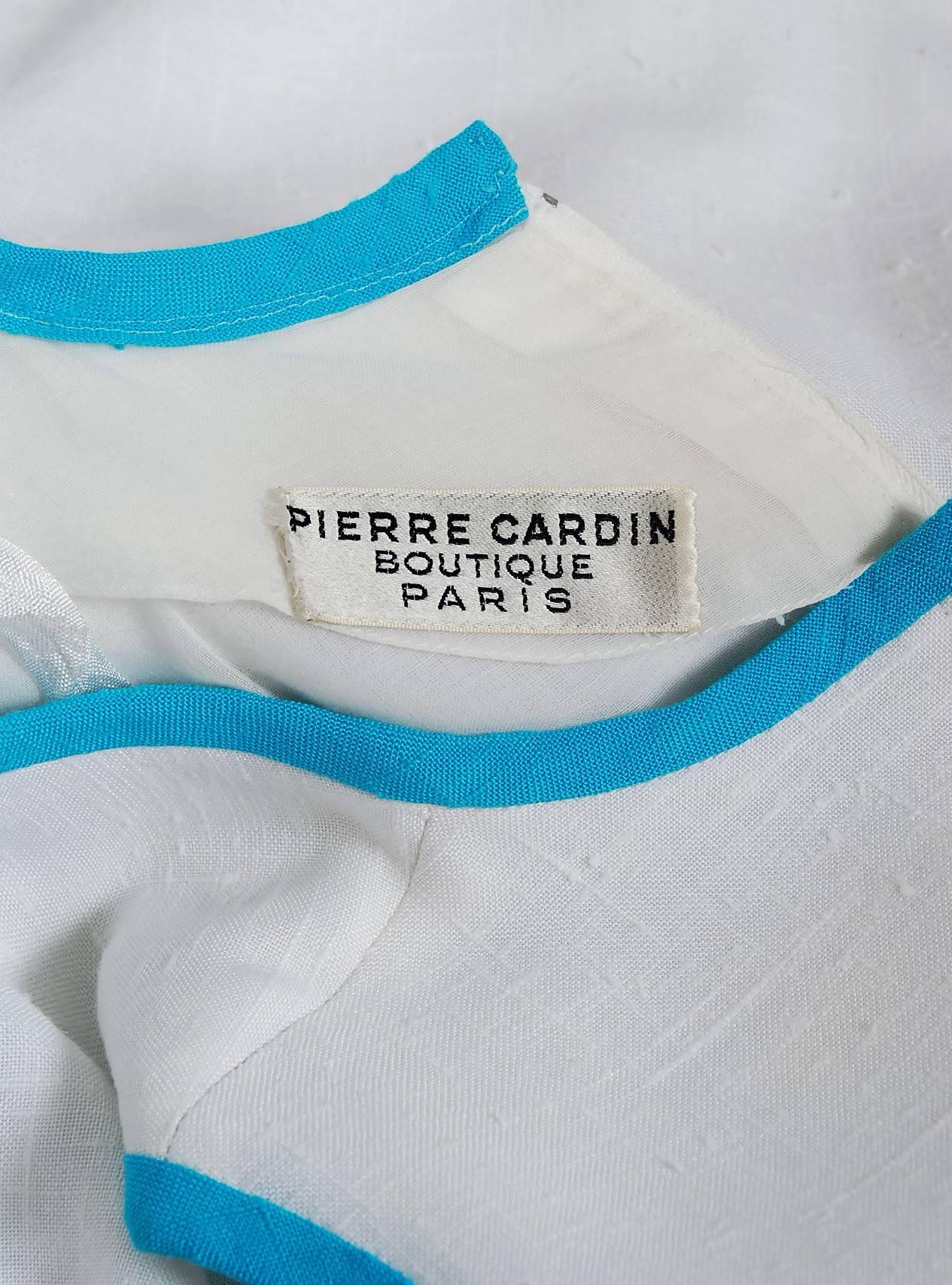 Vintage 1968 Pierre Cardin Documented White Linen Applique Space Age Mod Dress In Good Condition In Beverly Hills, CA