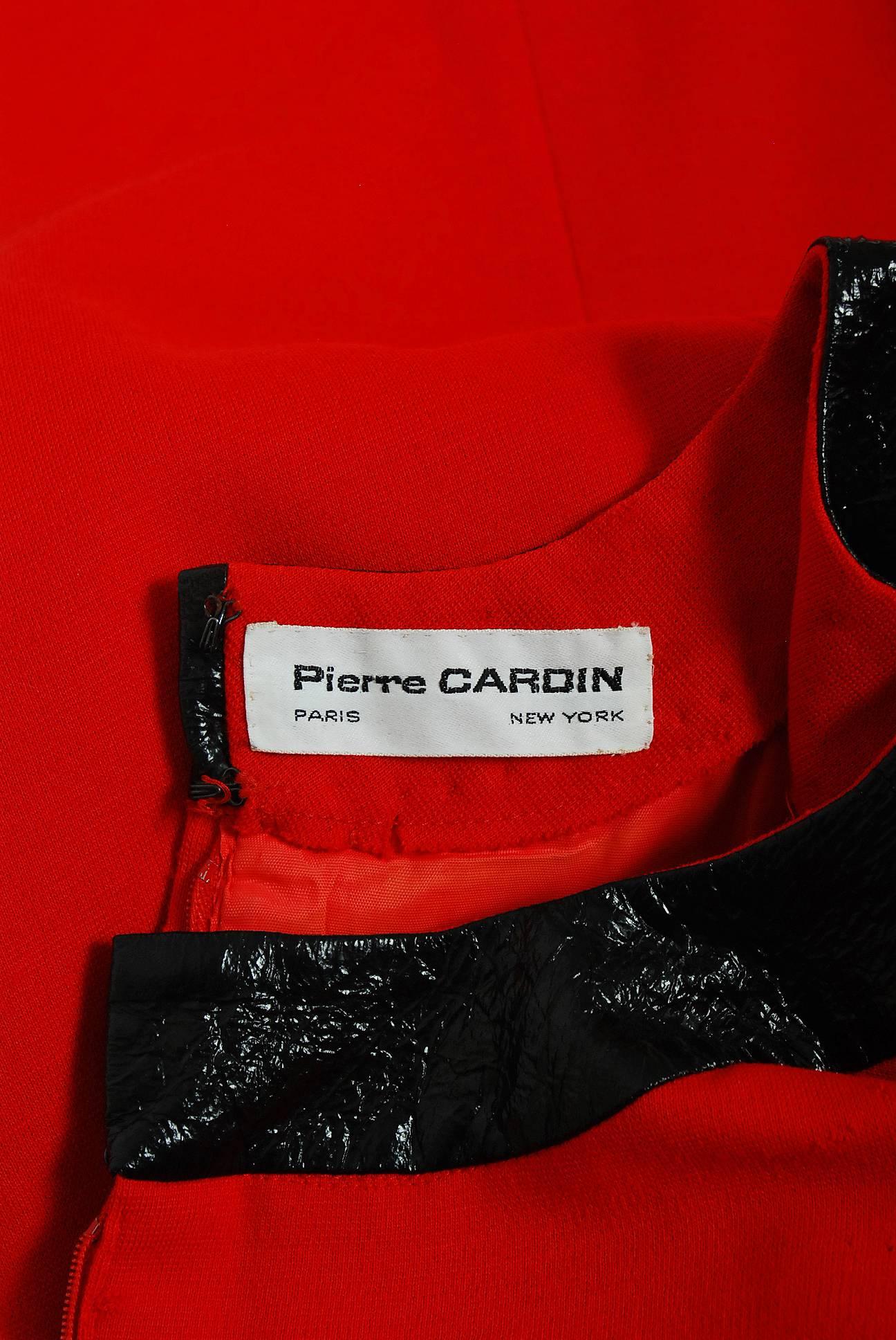 Women's Vintage 1969 Pierre Cardin Documented Red Wool & Black Vinyl Space-Age Mod Dress