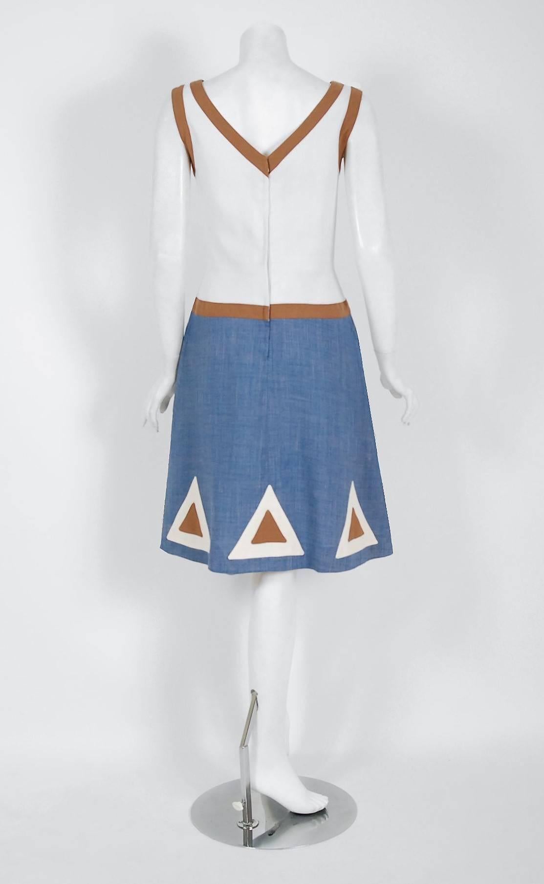 Women's 1969 Louis Feraud Graphic Block-Color Linen Deco Applique Drop-Waist Mod Dress