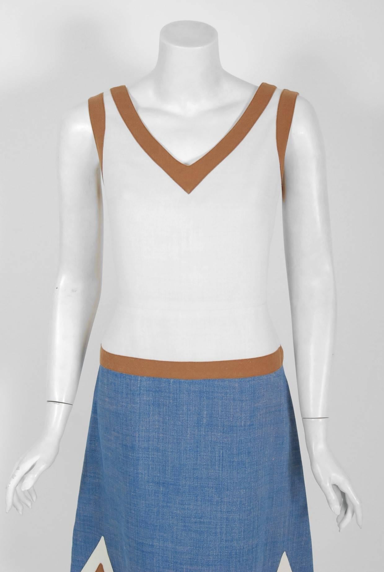 Gray 1969 Louis Feraud Graphic Block-Color Linen Deco Applique Drop-Waist Mod Dress