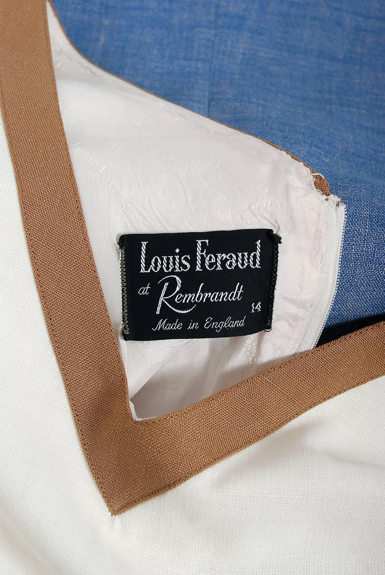 1969 Louis Feraud Graphic Block-Color Linen Deco Applique Drop-Waist Mod Dress 1
